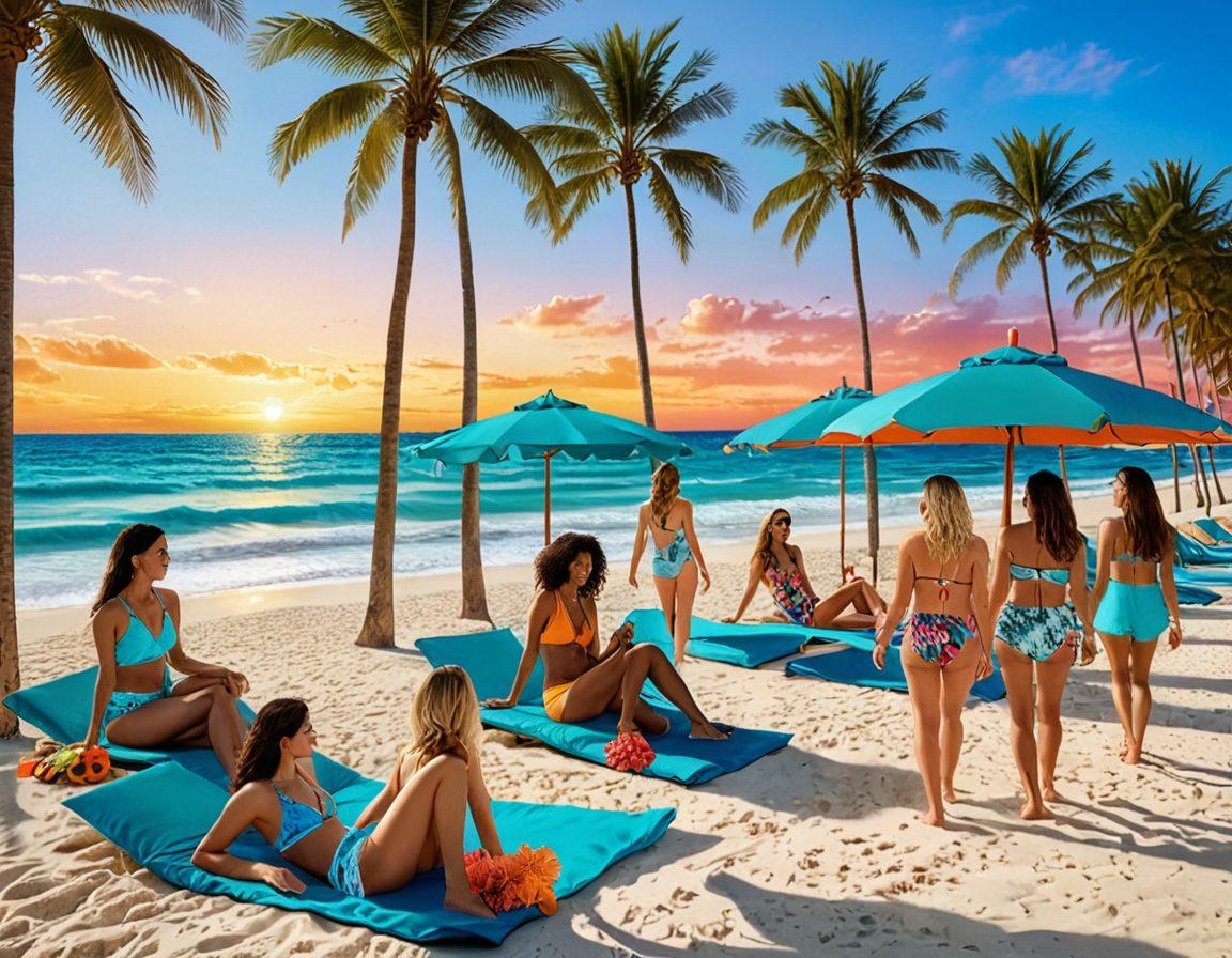 A stylish beach scene showcasing a diverse group of fashionable individuals wearing the latest summer attire like bright swimsuits, flowy cover-ups, and chic accessories. The background features palm trees, a vibrant sunset, and a turquoise ocean with soft waves. Include beach items like colorful umbrellas and flip-flops to enhance the mood of relaxation and summer fun. Capture a sense of joy and trendiness. super-realistic. vibrant colors. summer vibes.