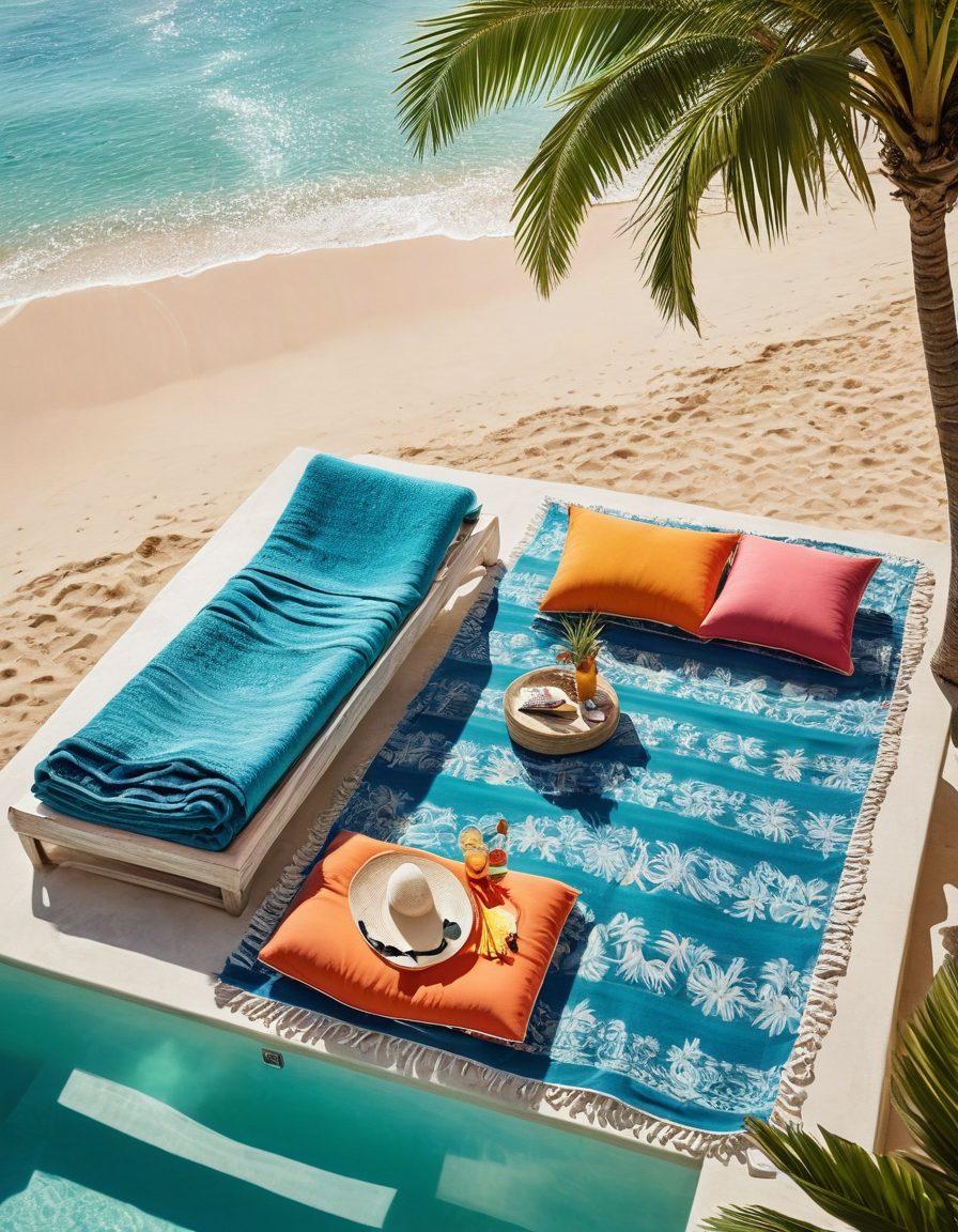 A vibrant summer scene showcasing a stylish poolside area transitioning into ocean waves. Feature a diverse group of people wearing trendy swimwear, lounging on colorful beach towels, with palm trees swaying in the background. Include beach accessories like sun hats, sunglasses, and a refreshing cocktail on a side table. The sky should be bright blue, capturing the essence of summer fun. super-realistic. vibrant colors. beach aesthetic.